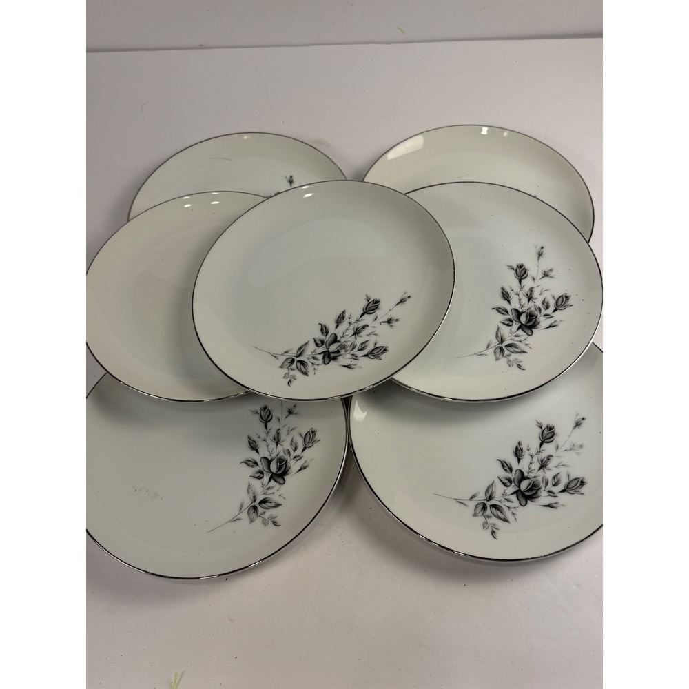 Castlecourt Concerto Rose Fine China Salad Plates Set of 6 Silver Rim Japan 7.5"